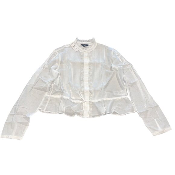 NWT J.Crew Sz M Lace-Trim Cinched-Waist Top White Cotton Voile Long Sleeve CJ461 - Picture 3 of 12